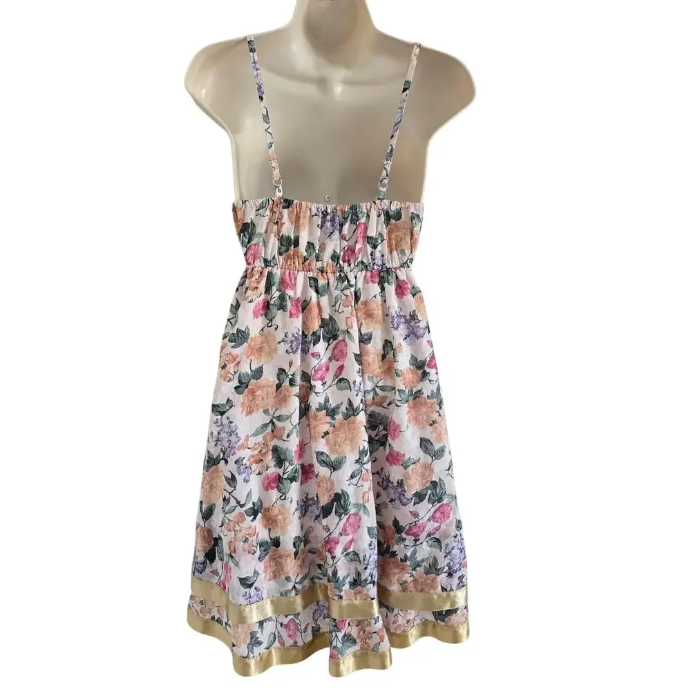 Nas Boutique Floral Mini Slip Dress Gold Satin Trim-S Y2K Cottagecore Coquette - Picture 4 of 8